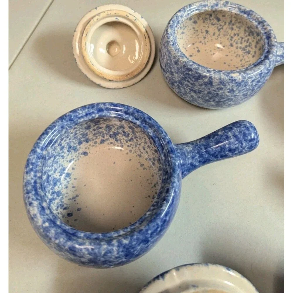 Vintage Bleu Co Gailst Blue Spongeware Lidded Soup Crocks - Set of 4 - Picture 12 of 15